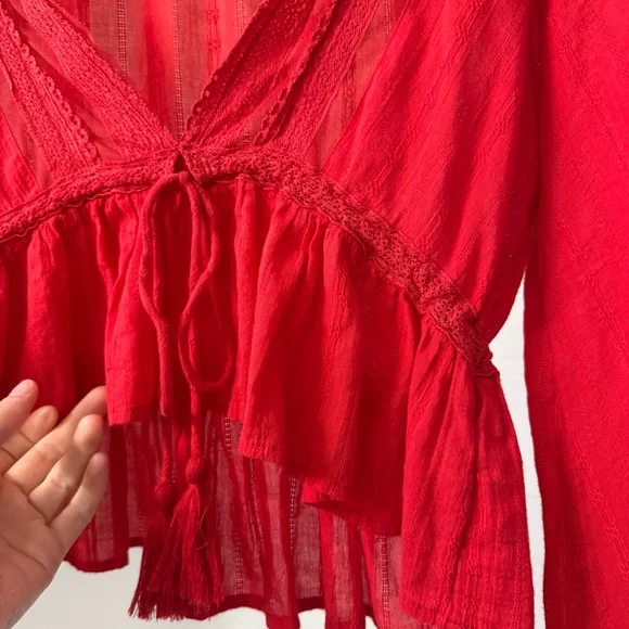 Sold Free People Cotton Lace Longe sleeve cover blouse Red Top - Picture 2 of 9